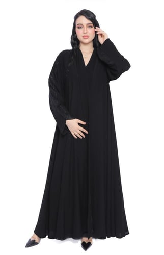 عباية دبل كلوش سوداء فاخرة بتدخيلة قماش شكيرا وتطر...