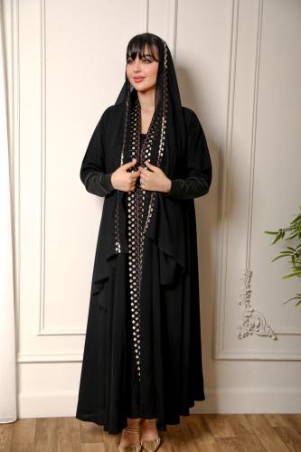 عباية دبل كلوش سوداء فخمة بأكمام استرتش وتطريز هند...