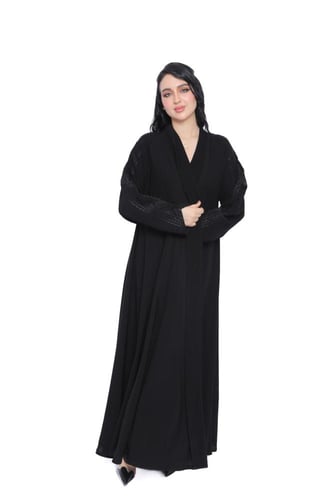 عباية دبل كلوش سوداء فاخرة بتدخيلة قماش شكيرا وتطر...