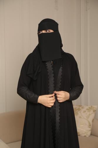 عباية دبل كلوش ملكي سوداء بأكمام استرتش عملية - عب...