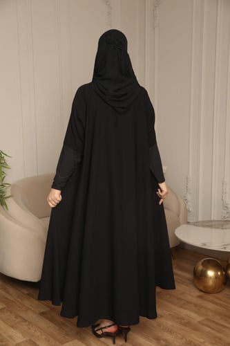عباية دبل كلوش ملكي سوداء بأكمام استرتش عملية - عب...