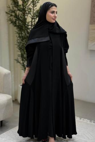 عباية بتول دبل كلوش قماش سيراميك صيفي بتدخيلات تفتا جانبية وطرحة طرف