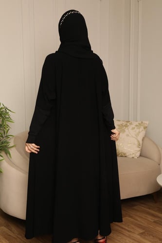 عباية دبل كلوش سوداء ملكي بأكمام استرتش عملية - عب...