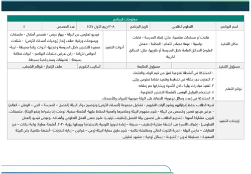 خطة النشاط الطلابي - المرحلة المتوسطة