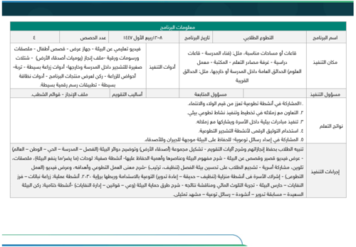 خطة النشاط الطلابي (ابتدائي) - صفوف عليا