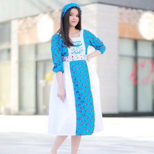 فستان شالكي رمضاني مطرز ابيض/وزرق