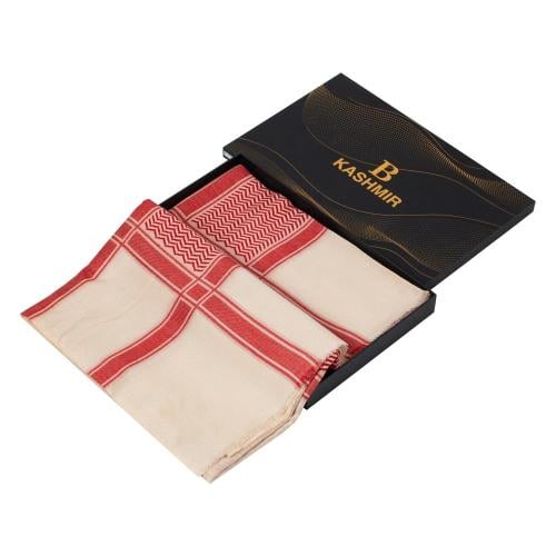 شماغ كشميري كلاسيك صوف أحمر على بيج اصدار 2025