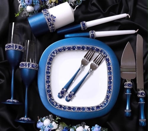 طقم كاسات عرسان أزرق ملكي مكون من 12 قطعة مرصع ب ك...