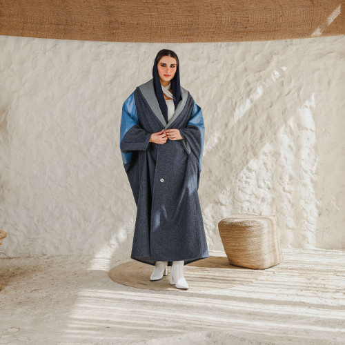 Luxurious gokh fabric abaya with blue leather color