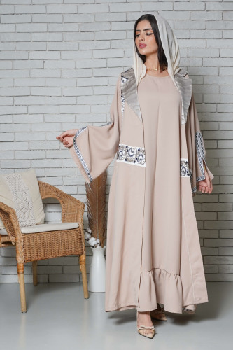 Abaya with beige taffeta dress and veil