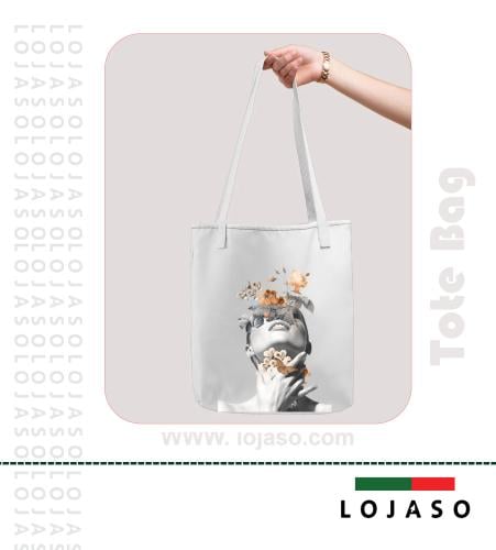 شنطة توت باق قماش أبيض تصميم فني بورتريه وزهور