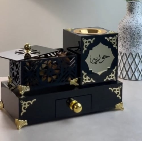 طقم مبخره الفخامه من الاكريليك الاسود والذهبي من ك...