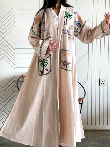 عبايه لنن هندي تطريز القصه نص كلوش