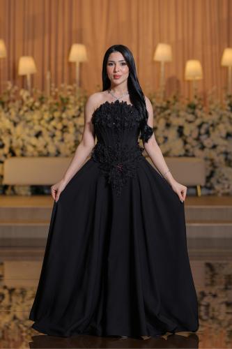 فستان سهرة أسود بتطريز ورود ثلاثية الأبعاد LD0024