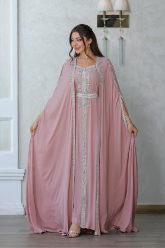 جلابية وردية بأكمام كيب مطرزة LD012216X
