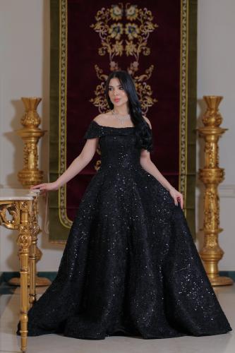 Shiny black evening dress with fluffy sequins LD001