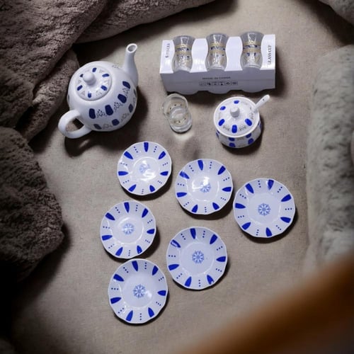 طقم شاي فاخر نقشة ازرق بتصميم عربي أصيل - أنيق ومم...