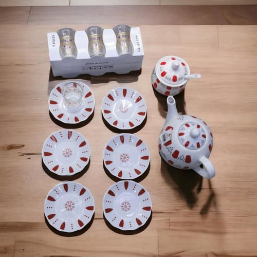 طقم شاي فاخر نقشة احمر بتصميم عربي أصيل - أنيق ومم...