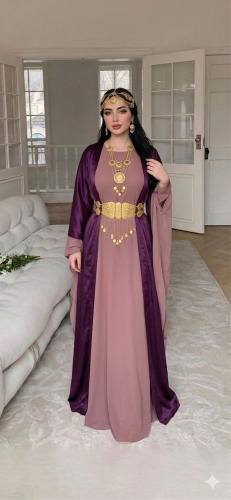 فستان كردي بنفسجي قطعتين سادة أنيق بتصميم تقليدي ن...