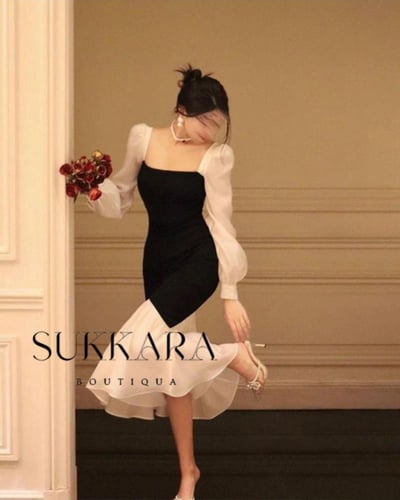 فستان كريب اسود وابيض