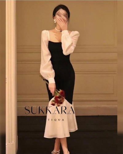 فستان كريب اسود وابيض