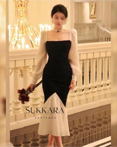 فستان كريب اسود وابيض