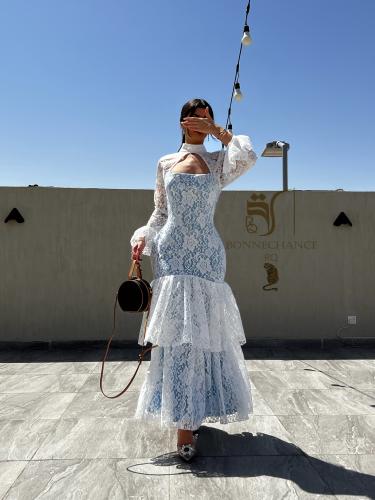 White lace dress lined with baby blue