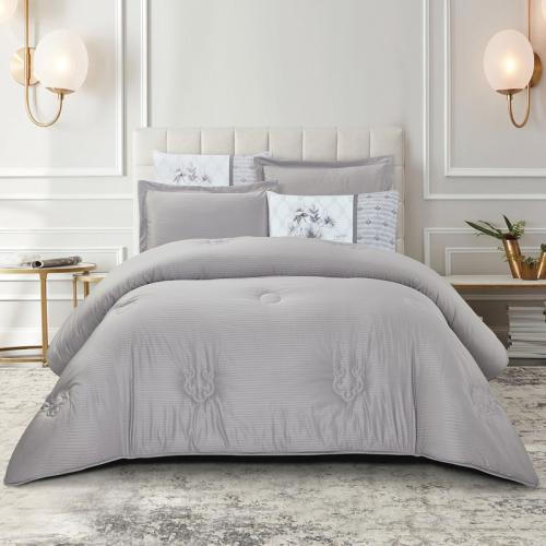 طقم لحاف جاكار مطرز مزدوج -6 قطع فضي رمادي