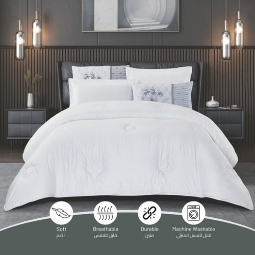 طقم لحاف فندقي إيطالي مطرز مزدوج -6 قطع أبيض