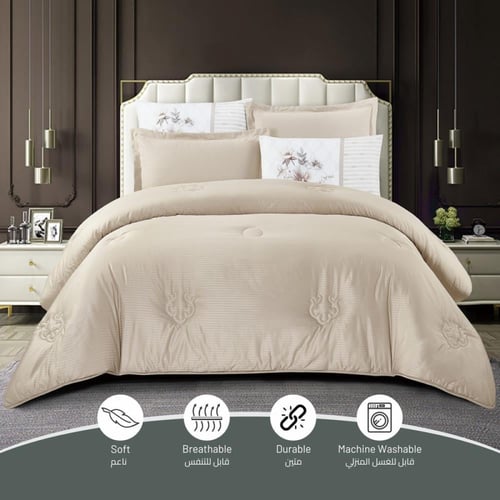 طقم لحاف فندقي إيطالي مطرز مزدوج -6 قطع بيج