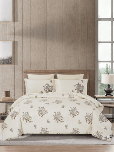 طقم مفرش سرير مزدوج بيج بنقشة زهور – 6 قطع قطن ناع...
