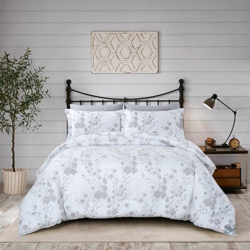 طقم لحاف مفرد ونص 4 قطع مشجر -ابيض فضي