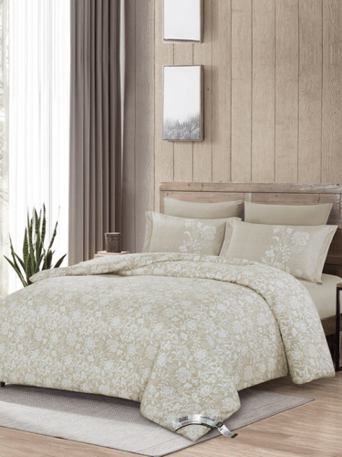 طقم مفرش سرير بيج بنقشة زهور – 6 قطع قطن ناعم