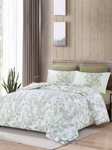 طقم مفرش سرير بيج مزدوج بنقشة زهور – 6 قطع قطن ناع...