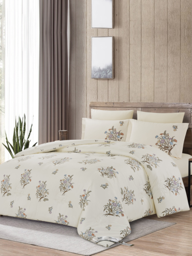طقم مفرش سرير مزدوج بيج بنقشة زهور – 6 قطع قطن ناع...