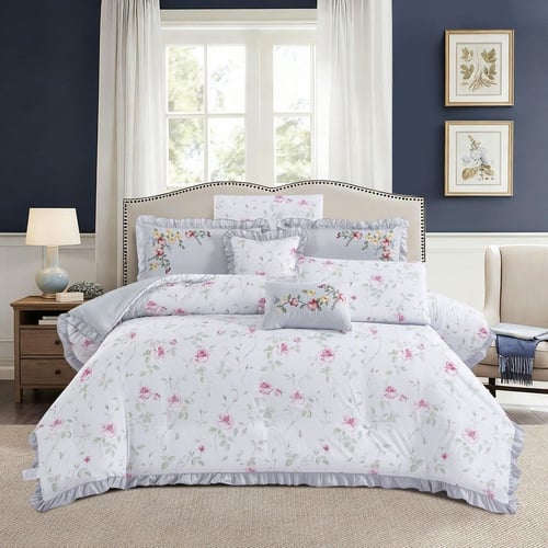 طقم لحاف فلاور FLOWER مطرز وجهين فاخر 8 قطع