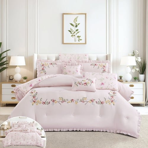 طقم لحاف فلاور FLOWER مطرز وجهين فاخر 8 قطع