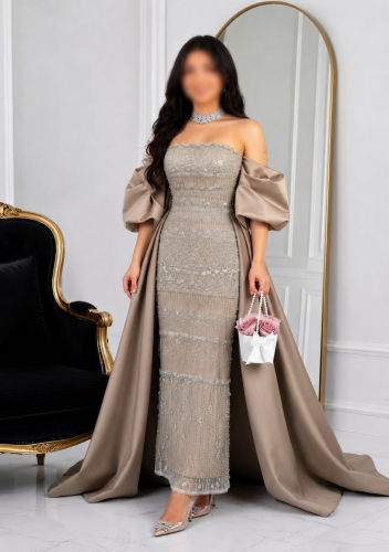 فستان مسك سهرة نسائي بكسرات جانبية وتطريز يدوي فاخر