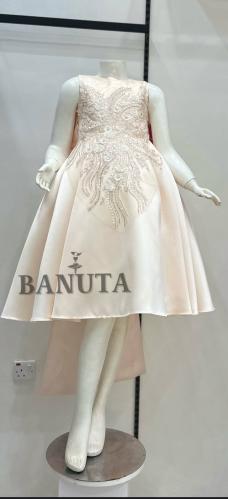 Girls' evening dress, pinkish, velvet fabric, from the front and back a flowing tail, with an opening in the back