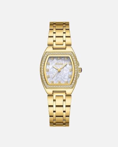 Siklo Golden Crystal-Studded Watch with Patterned...