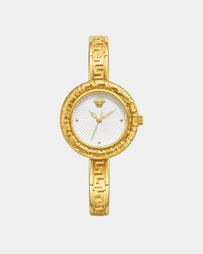 Gold Women’s Watch with Greek Pattern and White Di...