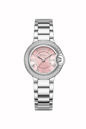 Silver steel watch with pink dial and zircon stone...