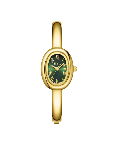 Gold women’s watch with green dial and Roman numer...