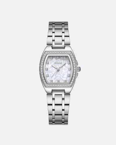 Siklo Silver Crystal-Studded Patterned Dial Watch
