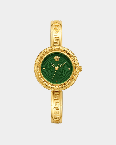 Gold Women’s Watch with Greek Pattern and Green Di...