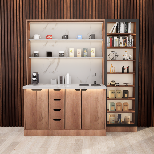 ركن القهوة فاخرة, مع أرفف عرض وإضاءة مخفية