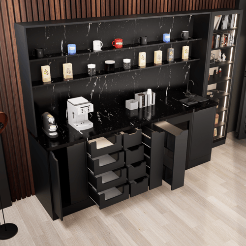 ركن القهوة فاخرة, مع أرفف عرض وإضاءة مخفية