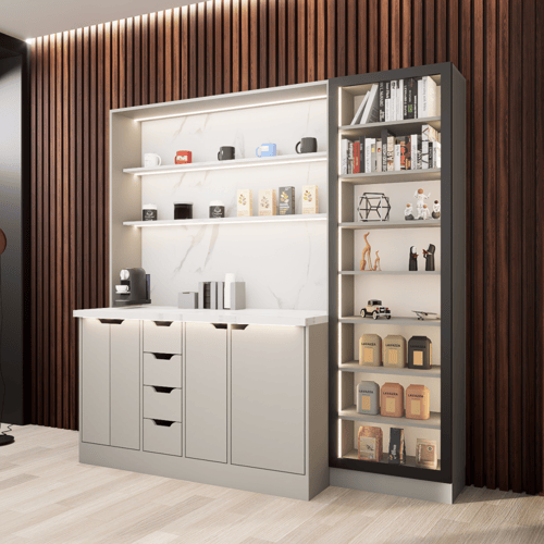 ركن القهوة فاخرة, مع أرفف عرض وإضاءة مخفية