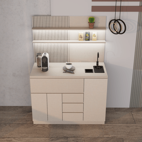 ركن قهوة أنيق بتصميم عصري, درج محصول و اكواب مع رف...