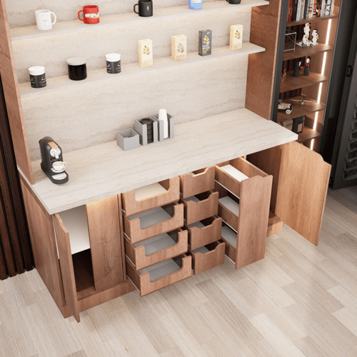 ركن القهوة فاخرة, مع أرفف عرض وإضاءة مخفية